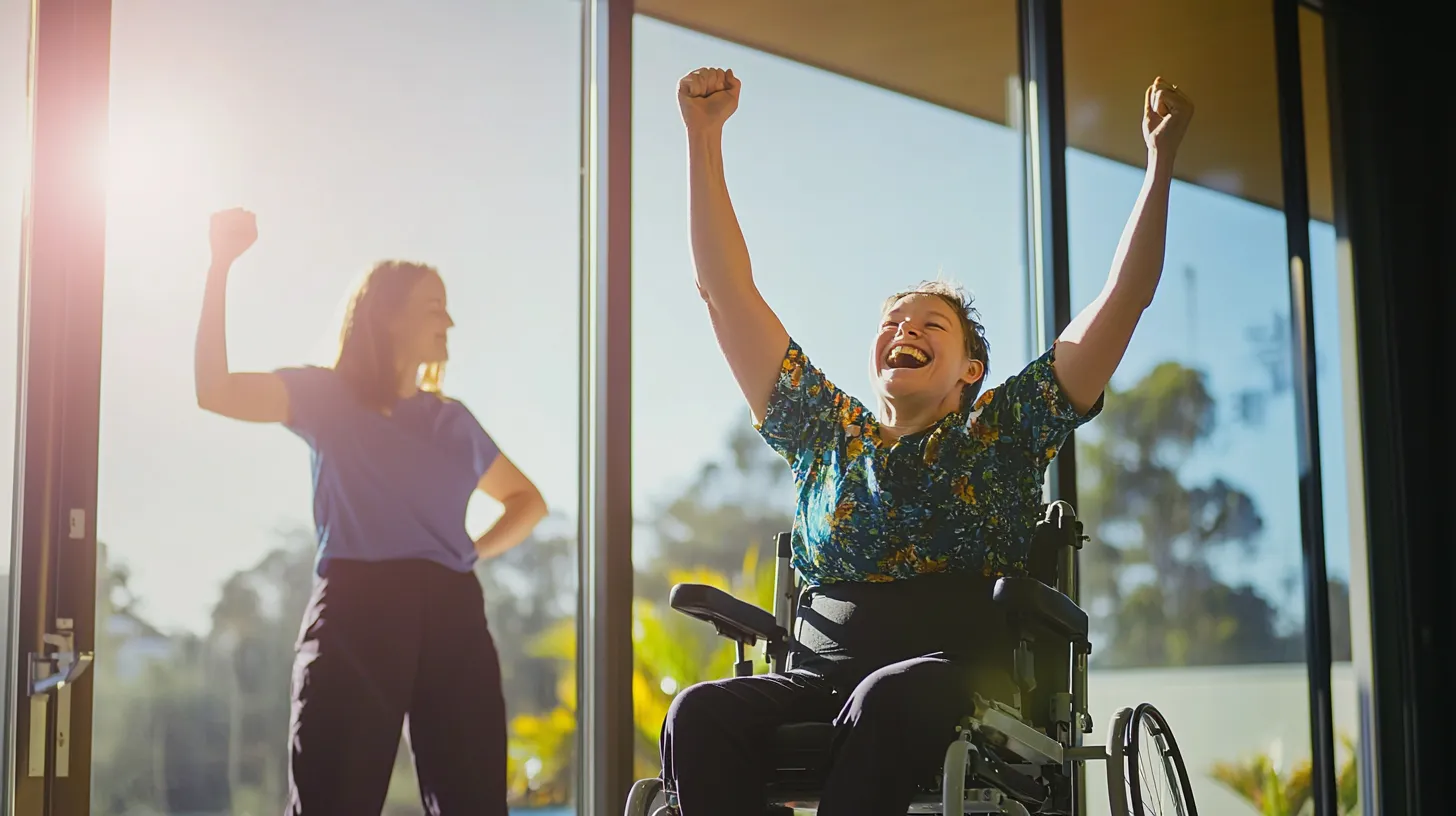 Client raising arms in triumph